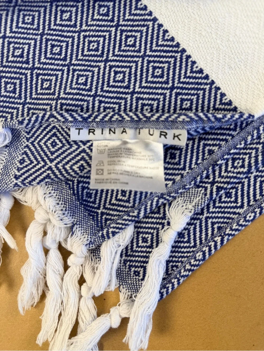 Trina Turk Woven Shawl/Towel Knotted Fringe Blue White Stripe Geometric 36x66